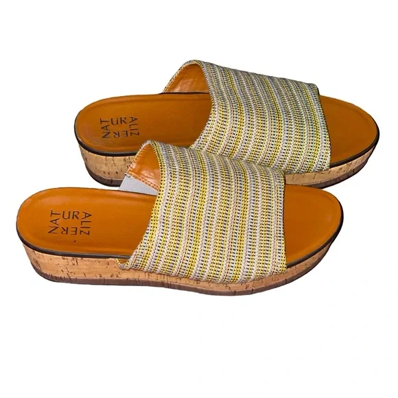 Naturalizer Kirstin Stripe Cork Platform Shoe Wedge Sandal yellow tan mule sz 9 - Picture 3 of 16